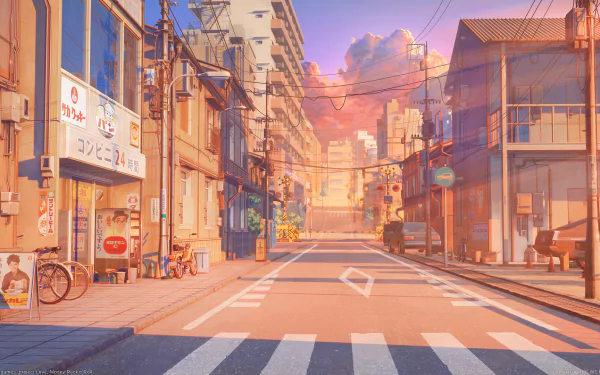 HD desktop wallpaper featuring a vibrant street scene from the video game Love, Money, Rock'n'Roll, with colorful buildings and a sunset sky in the background.