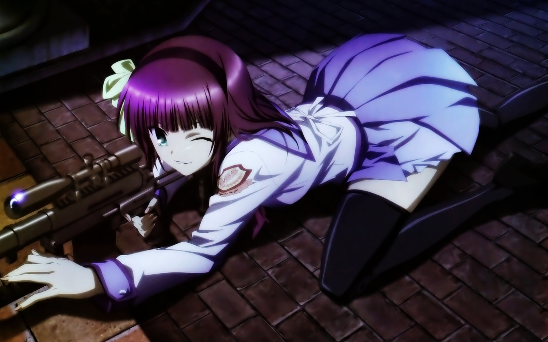 Yuri Nakamura with a rifle and a smile, wearing a skirt, thigh highs, and headband.