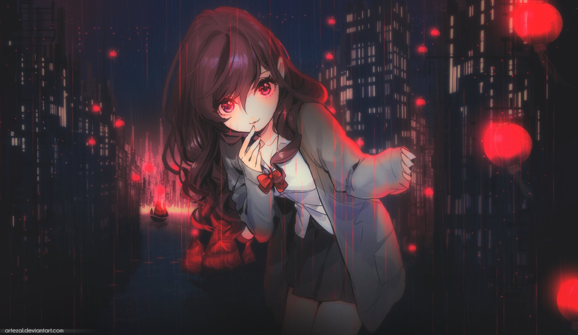 HD anime desktop wallpaper featuring a girl with long dark hair and red eyes, set against a cityscape illuminated by red lanterns at night.
