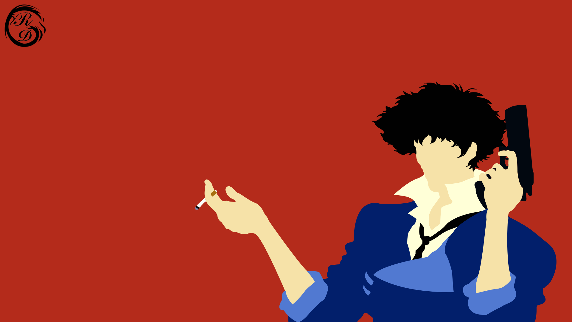 HD anime desktop wallpaper featuring Spike Spiegel from Cowboy Bebop, set against a bold red background with minimalist, stylized design elements.