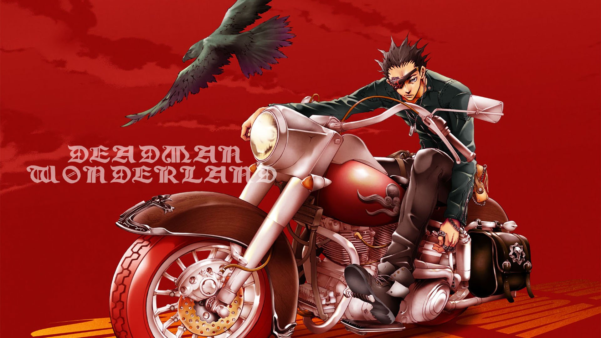 HD anime desktop wallpaper featuring Kiyomasa Senji from Deadman Wonderland, sitting on a motorcycle with a crow flying against a red background.
