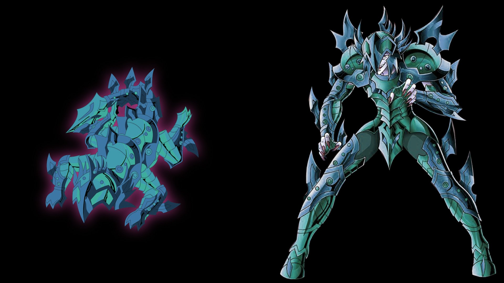 HD PC desktop wallpaper of Lyumnades Caça from Saint Seiya: green-blue armored anime warrior with a glowing spectral horse sigil on a black background.