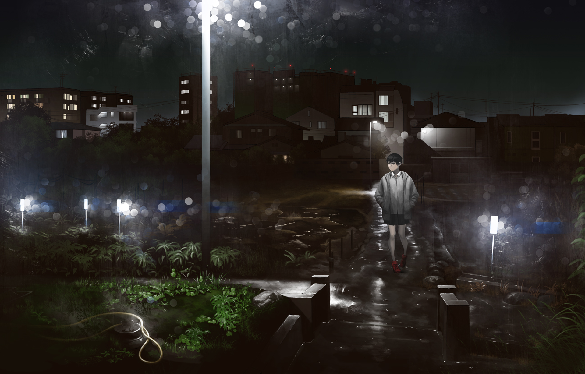 Anime HD PC desktop wallpaper — Tekuteku Days: lone boy in a hoodie walks a rain-slick path past glowing streetlights and apartment windows in a quiet nighttime city.