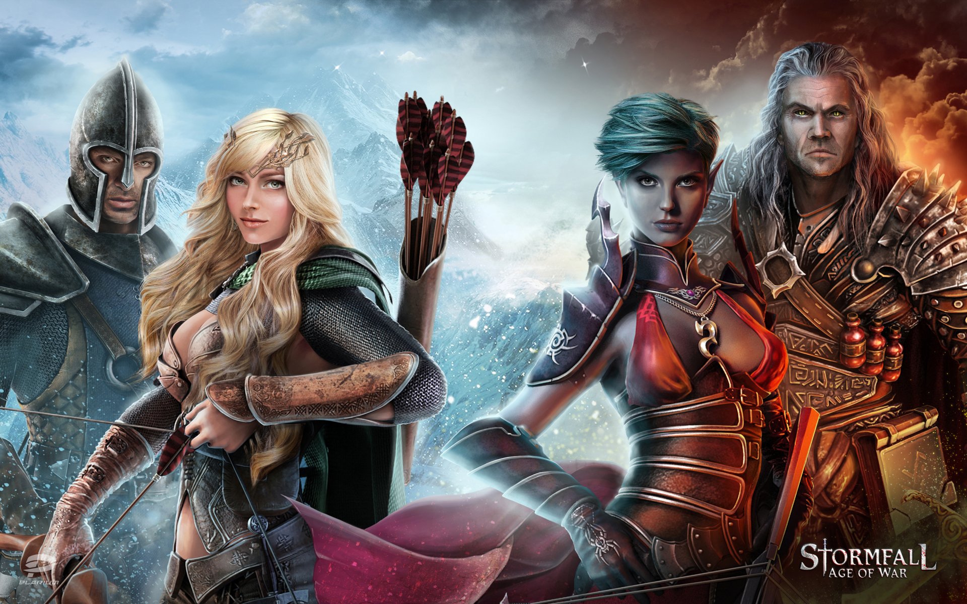 2K Quad HD Stormfall: Age of War desktop wallpaper, four video game warriors: an elf archer, a blonde woman archer, a blue‑haired female fighter and an armored veteran.