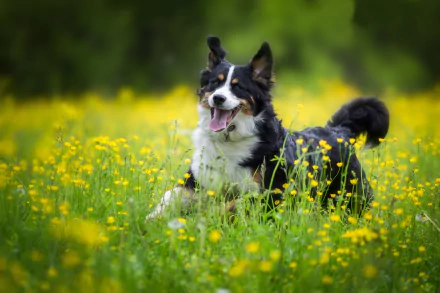 Bernese mountain dog (Sennenhund) running through a yellow flower meadow, vibrant HD PC desktop wallpaper background