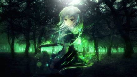 HD wallpaper featuring Julie Sigtuna from the anime Absolute Duo. She stands in a dark, mystical forest with glowing green energy, creating an enchanting and mysterious atmosphere.