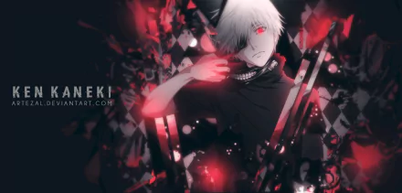 HD desktop wallpaper featuring Ken Kaneki from the anime Tokyo Ghoul, with a dark background and red accents highlighting his white hair and eyepatch.