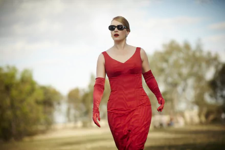 Kate Winslet in a striking red dress and matching gloves, wearing sunglasses in a scene from the movie The Dressmaker, captured in 4K Ultra HD.