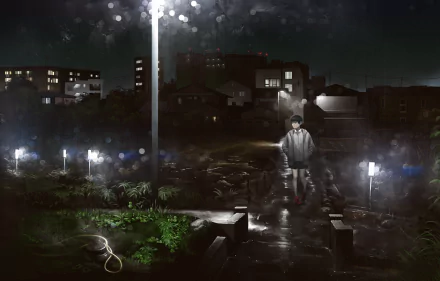 Anime HD PC desktop wallpaper — Tekuteku Days: lone boy in a hoodie walks a rain-slick path past glowing streetlights and apartment windows in a quiet nighttime city.