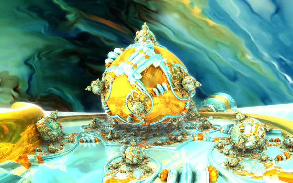 HD PC desktop wallpaper featuring a vibrant 3D abstract fractal created with Mandelbulb 3D, showcasing intricate geometry and CGI textures.