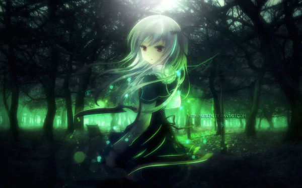 HD wallpaper featuring Julie Sigtuna from the anime Absolute Duo. She stands in a dark, mystical forest with glowing green energy, creating an enchanting and mysterious atmosphere.