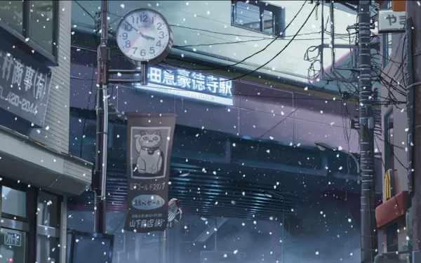 HD anime wallpaper from 5 Centimeters per Second featuring a snowy street scene with a clock and overhead train tracks in a quiet urban setting.