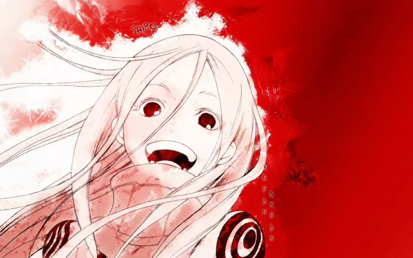 HD anime desktop wallpaper featuring Shiro from Deadman Wonderland with a vibrant red background and dynamic white hair strands.
