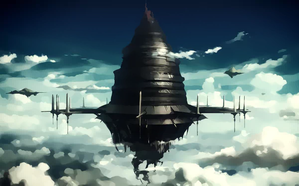 HD desktop wallpaper featuring Aincrad from Sword Art Online, showcasing an anime-style, floating fortress amidst a cloudy sky.