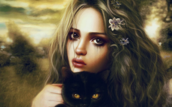 Fantasy Women Sad Cat Face HD Wallpaper | Background Image