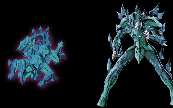 HD PC desktop wallpaper of Lyumnades Caça from Saint Seiya: green-blue armored anime warrior with a glowing spectral horse sigil on a black background.