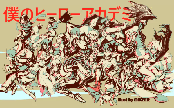 HD desktop wallpaper featuring characters from the anime My Hero Academia with Japanese text at the top and a dynamic, action-packed composition.