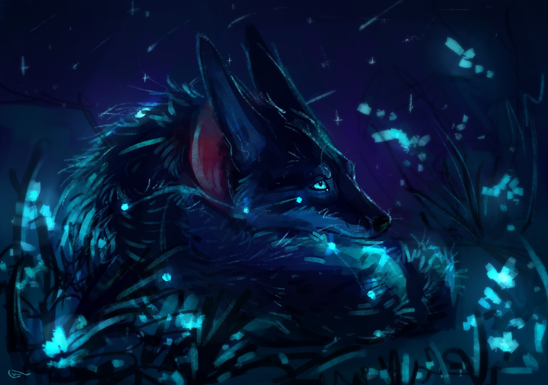 HD fantasy desktop wallpaper of a glowing blue-eyed wolf in a dark, mystical night forest illuminated by ethereal light.