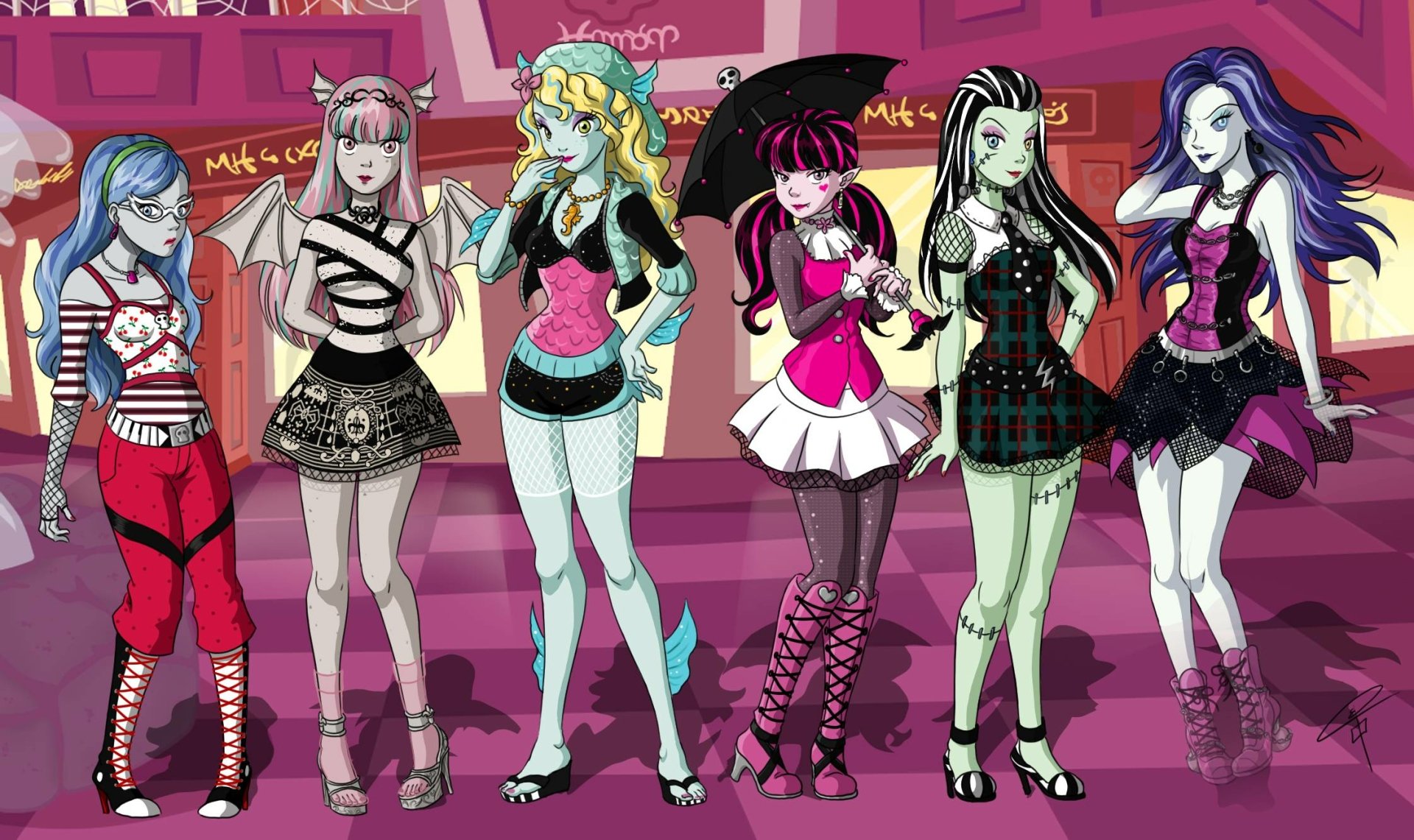 HD PC desktop wallpaper featuring emo and gothic fantasy Mattel Monster High dolls from the TV show, showcasing six distinct characters in vibrant detailed outfits.
