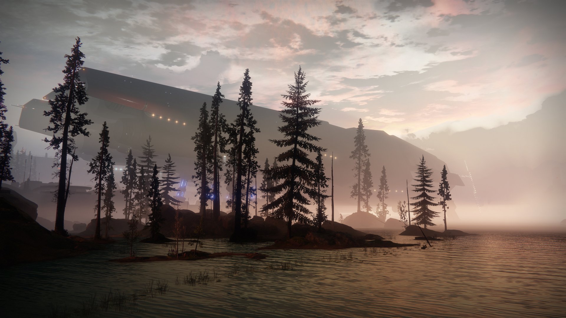 Destiny 2 video game 5K Ultra HD PC desktop wallpaper and background: misty lakeshore with silhouetted pine trees and a distant Pyramid ship beneath a moody dawn sky.