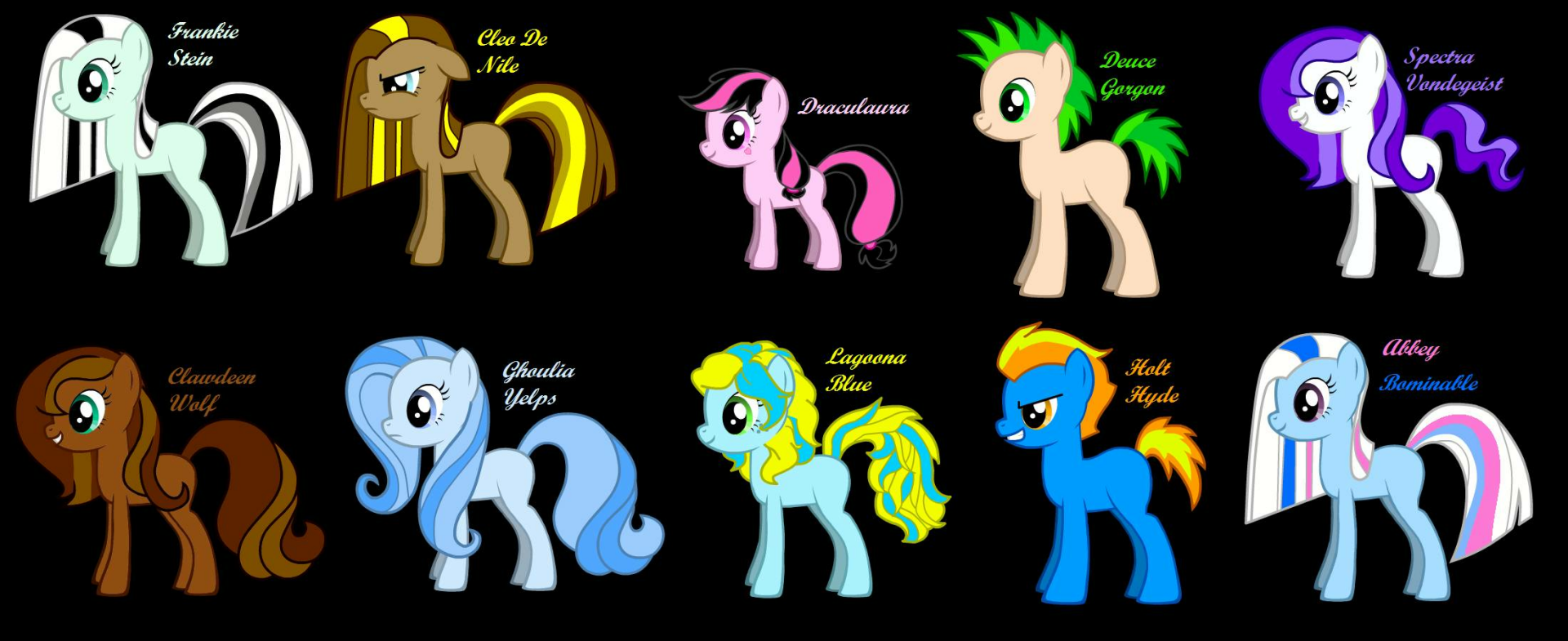 HD desktop wallpaper featuring emo and gothic-inspired My Little Pony characters in a fantasy crossover style influenced by Mattel's Monster High TV show.