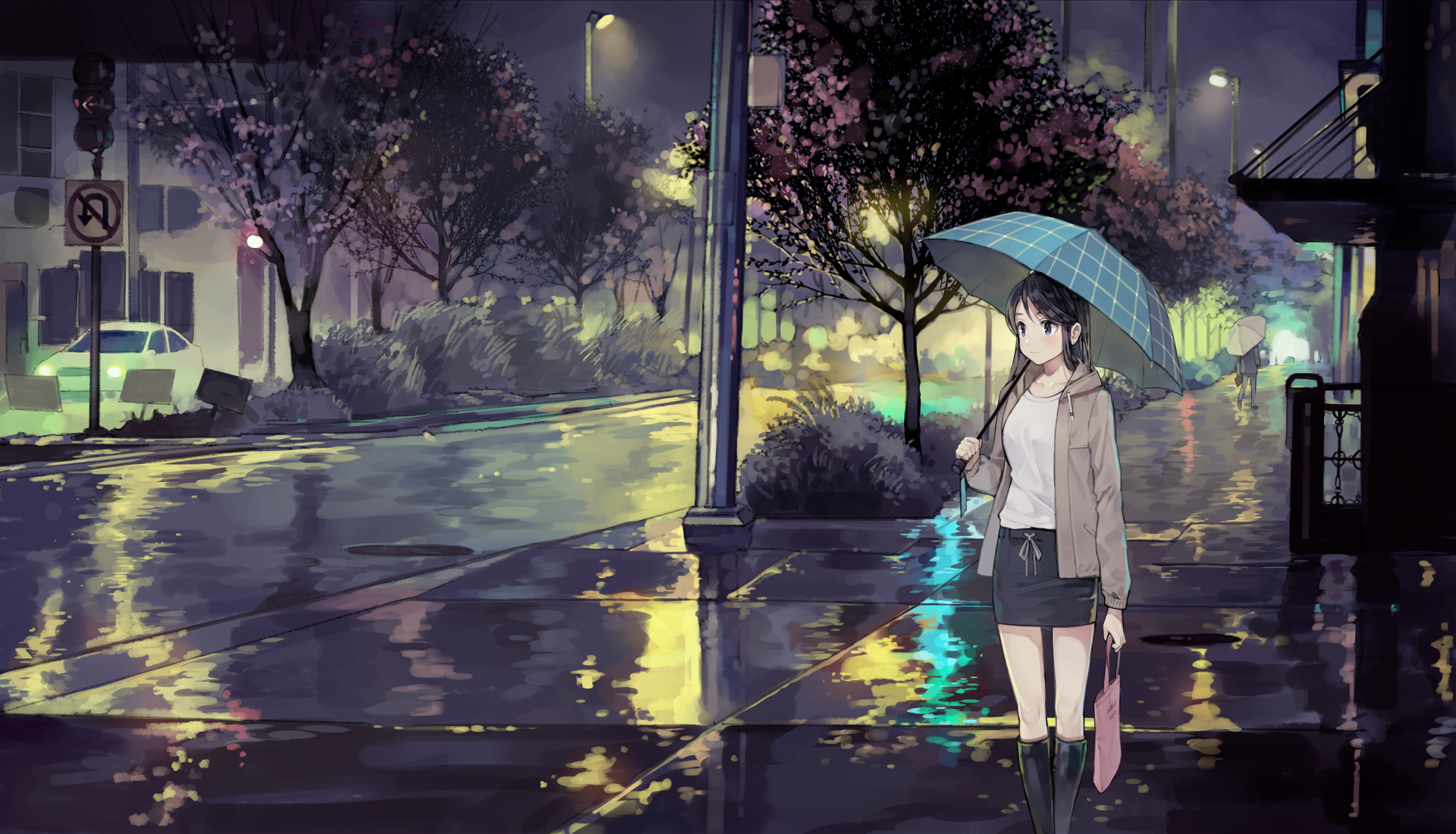 An anime-style HD desktop wallpaper featuring a girl with an umbrella standing on a rainy, illuminated street at night. The scene is beautifully detailed with reflections of city lights.