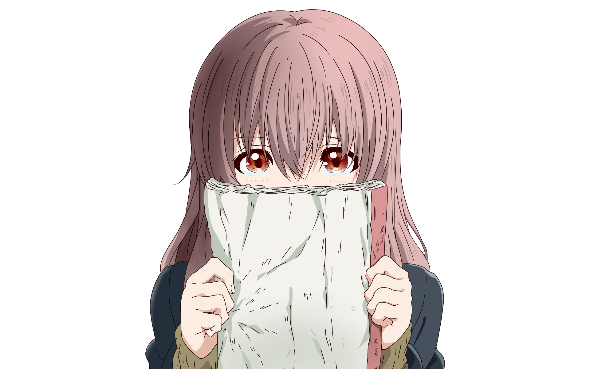 HD desktop wallpaper featuring Shouko Nishimiya from the anime A Silent Voice, with a soft and expressive look, holding a notebook in front of her face.