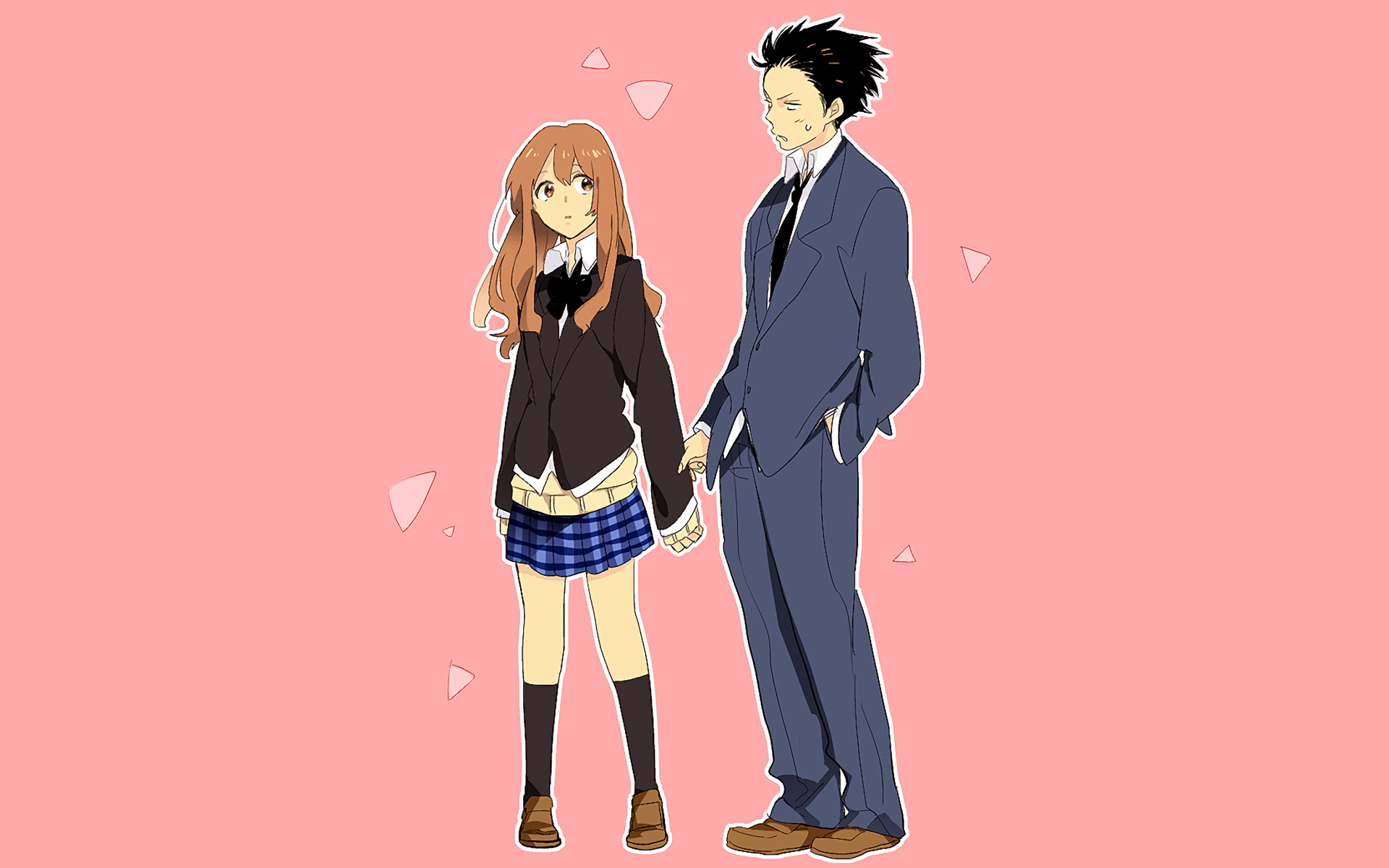 HD PC desktop wallpaper featuring Shouko Nishimiya and Shouya Ishida from the anime A Silent Voice, standing side by side on a pale pink background with small geometric accents.