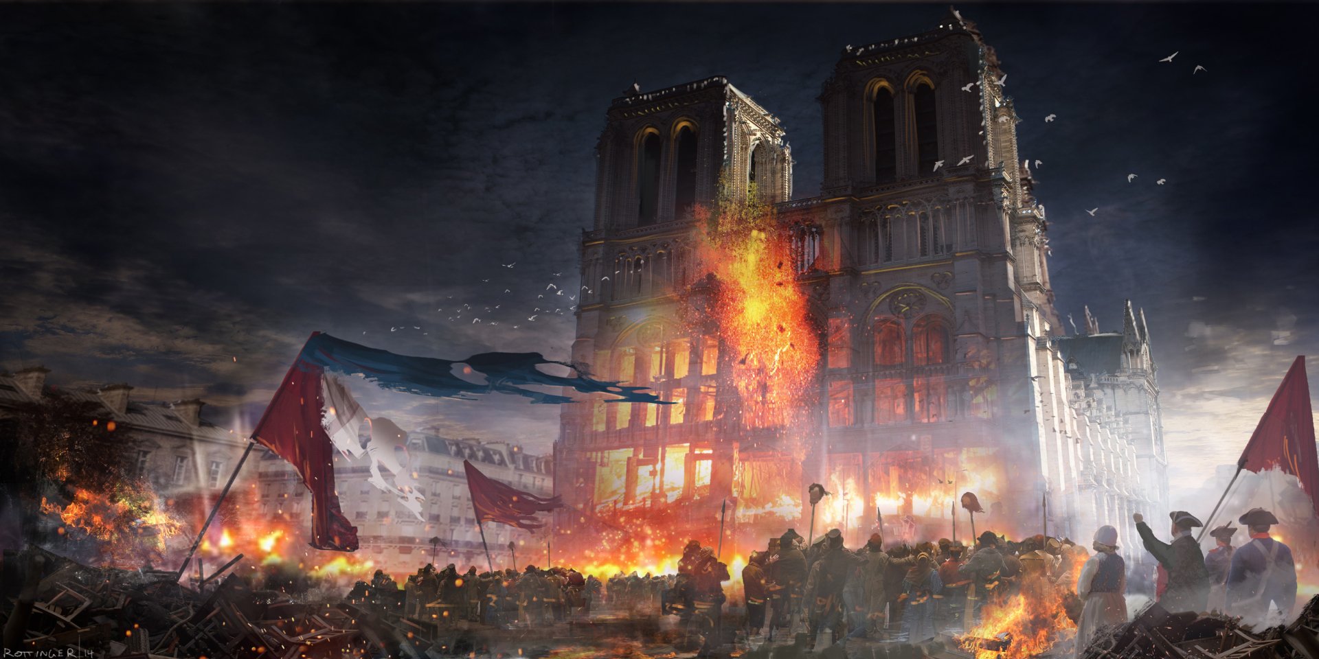 2K Quad HD wallpaper: Notre-Dame de Paris in France ablaze at night, cathedral towers burning amid crowds and banners — stylized scene from Assassin's Creed: Unity (video game).