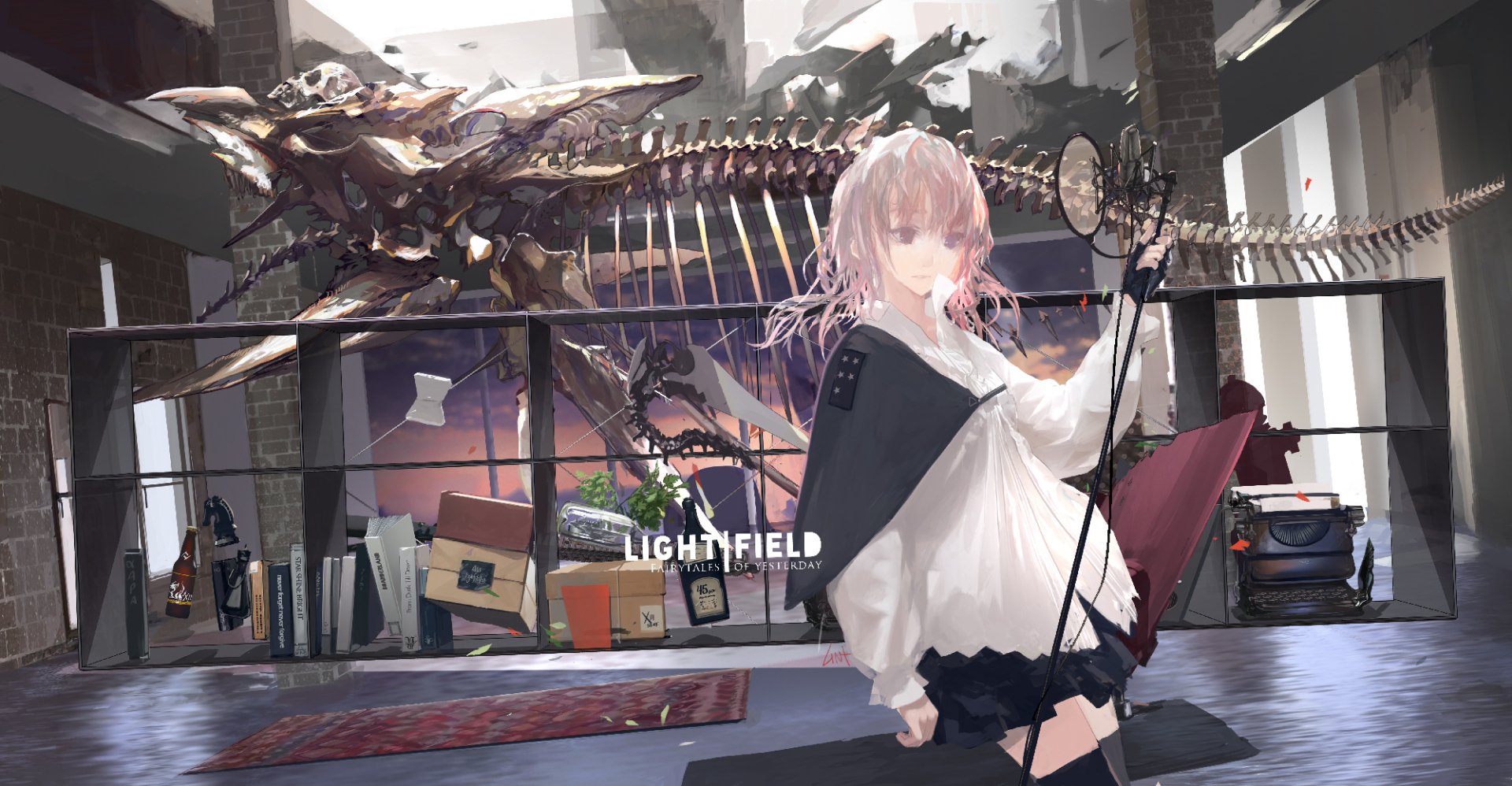 Anime-style HD PC desktop wallpaper from Pixiv Fantasia V, featuring a character with pale hair in a modern room with a large dinosaur skeleton in the background.