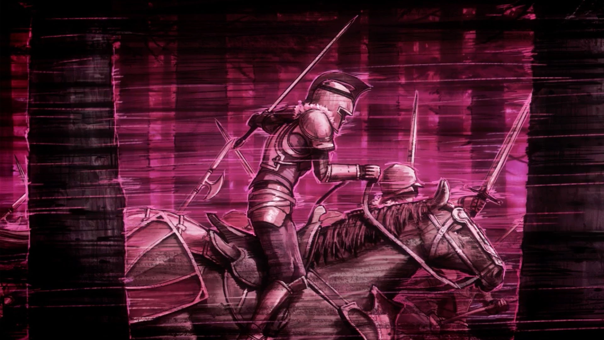HD PC desktop wallpaper of Fire Emblem Echoes: Shadows of Valentia — armored cavalier charging on horseback with lance against a glitchy pink and black streaked backdrop.