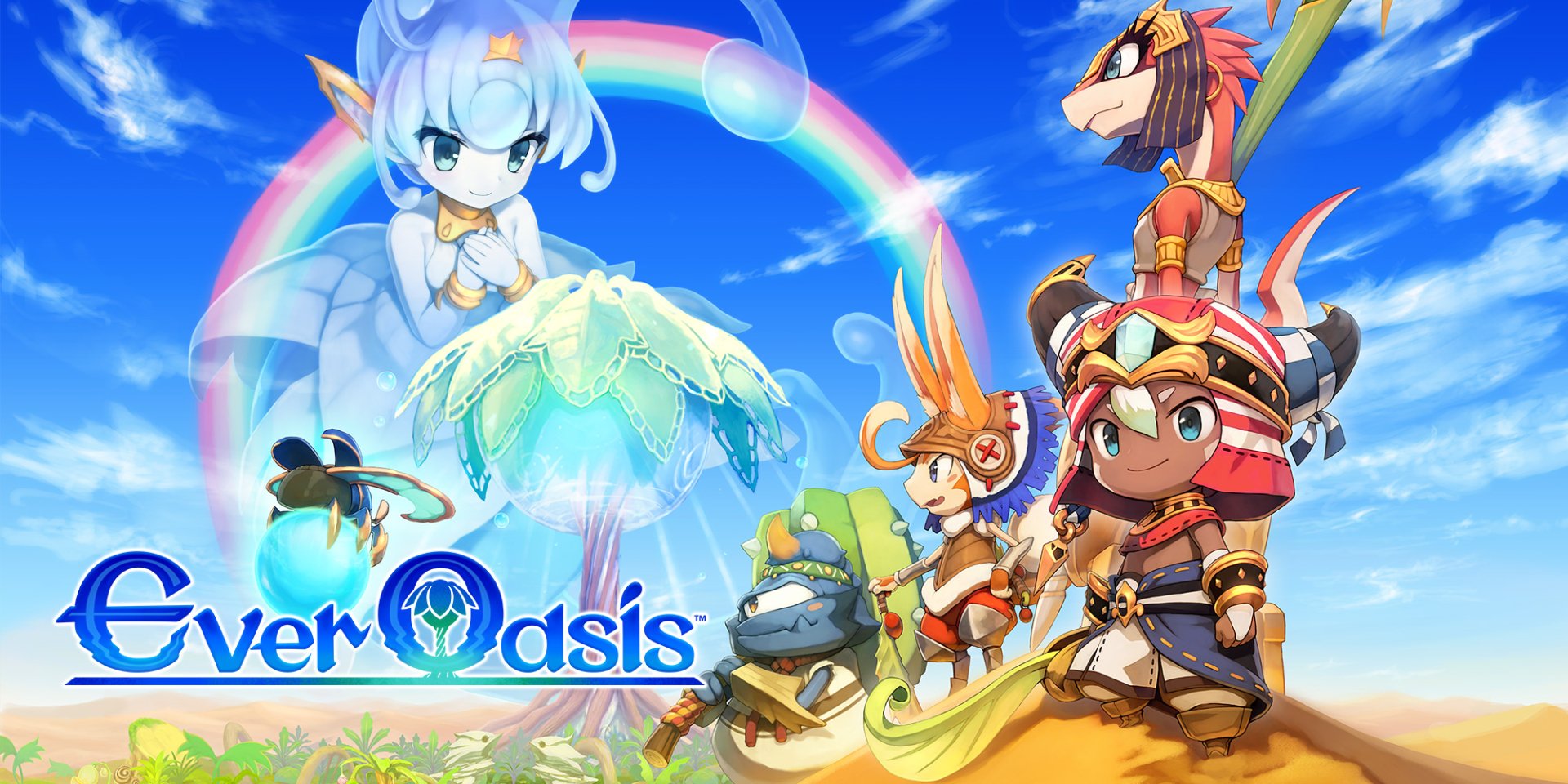 Colorful Ever Oasis video game HD PC desktop wallpaper and background — chibi adventurers and a spirit around a lush desert oasis under a rainbow, with the Ever Oasis logo.