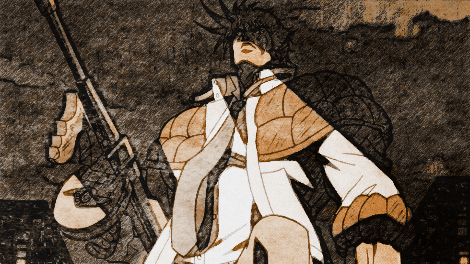 HD PC desktop wallpaper featuring Joseph Joestar from the anime Jojo's Bizarre Adventure, depicted in a dramatic pose with bold lines and dark tones.