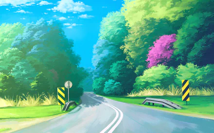 An HD desktop wallpaper depicting an anime-inspired original artwork of a serene road winding through lush, colorful trees under a bright blue sky.