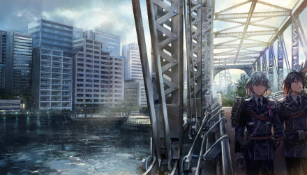HD PC wallpaper: Namazuo Toushirou and Honebami Toushirou (Touken Ranbu) anime scene on a steel bridge overlooking a rainy city waterfront, soft morning light.