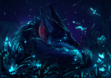 HD fantasy desktop wallpaper of a glowing blue-eyed wolf in a dark, mystical night forest illuminated by ethereal light.