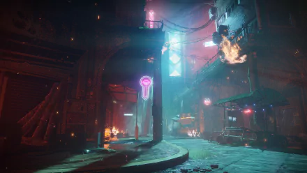 HD desktop wallpaper and background featuring a dark, futuristic cityscape from the video game Destiny 2, illuminated by neon lights and atmospheric effects.