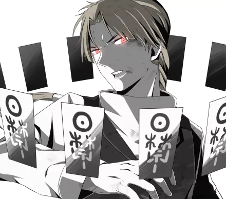 HD anime wallpaper of Howard Link (D.Gray-man): short blonde hair, glowing red eyes and a sly smirk, surrounded by talisman cards on a stark black-and-white background.