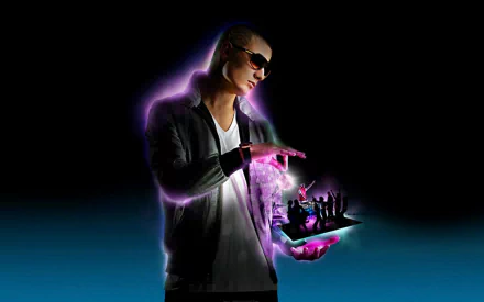 DJ Snake wearing sunglasses, holding a mini concert scene in his hand with a purple glow, on a dark HD desktop wallpaper background.