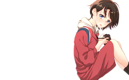 HD desktop wallpaper featuring Yuzuru Nishimiya from the anime A Silent Voice, sitting casually and holding a camera with a calm expression.