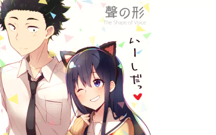 HD anime desktop wallpaper of Naoka Ueno and Shouya Ishida from A Silent Voice, featuring a playful and colorful design inspired by The Shape of Voice.