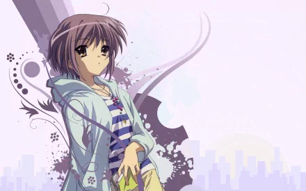 HD wallpaper featuring Yuki Nagato from *The Melancholy of Haruhi Suzumiya*, showcasing her thoughtful expression against a stylized urban background.