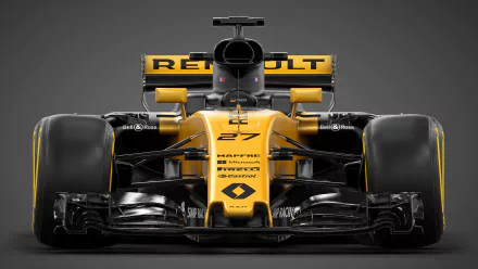 HD desktop wallpaper featuring the yellow Renault R.S.17 F1 race car, showcasing its sleek and powerful design from the front view.