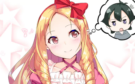 HD anime desktop wallpaper featuring Elf Yamada from EroManga-Sensei with a soft pink background and a small chibi character in the corner.