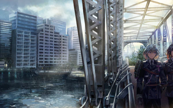 HD PC wallpaper: Namazuo Toushirou and Honebami Toushirou (Touken Ranbu) anime scene on a steel bridge overlooking a rainy city waterfront, soft morning light.
