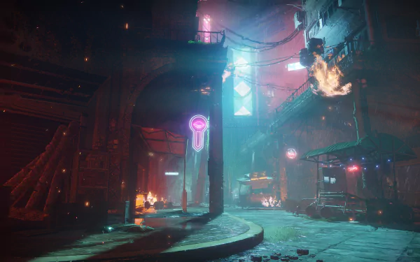 HD desktop wallpaper and background featuring a dark, futuristic cityscape from the video game Destiny 2, illuminated by neon lights and atmospheric effects.