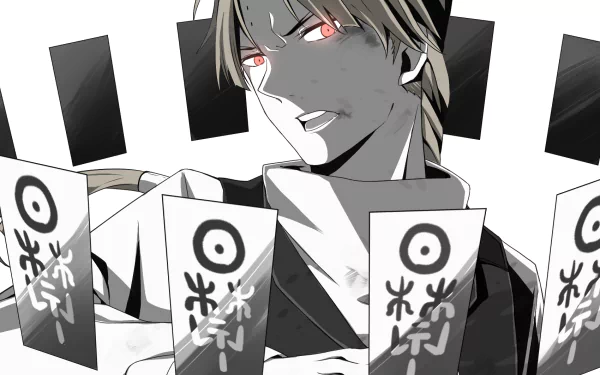 HD anime wallpaper of Howard Link (D.Gray-man): short blonde hair, glowing red eyes and a sly smirk, surrounded by talisman cards on a stark black-and-white background.