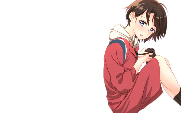 HD desktop wallpaper featuring Yuzuru Nishimiya from the anime A Silent Voice, sitting casually and holding a camera with a calm expression.