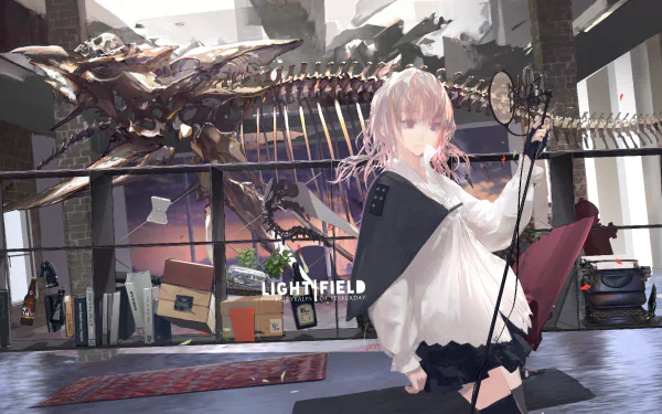 Anime-style HD PC desktop wallpaper from Pixiv Fantasia V, featuring a character with pale hair in a modern room with a large dinosaur skeleton in the background.