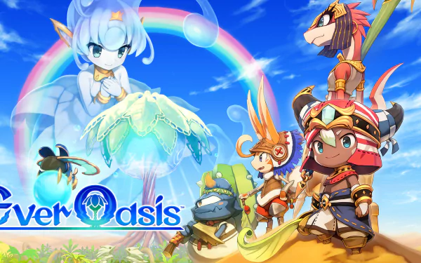 Colorful Ever Oasis video game HD PC desktop wallpaper and background — chibi adventurers and a spirit around a lush desert oasis under a rainbow, with the Ever Oasis logo.